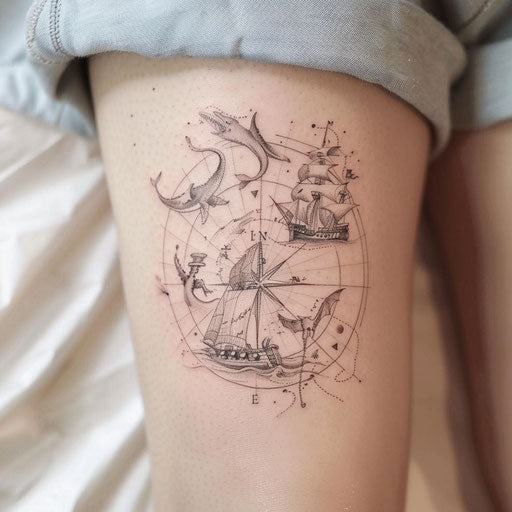 Illustrative maritime map with mythical creatures and compass