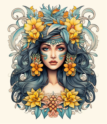 Pineapple woman, traditional Mexican style, classic tattoo motifs