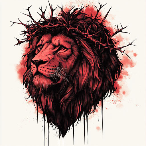 Flat tattoo sketch of lion with crown of thorns in black and red