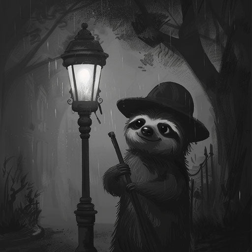 A sloth in a detective noir setting, under a streetlamp, solving the case of the missing nuts.