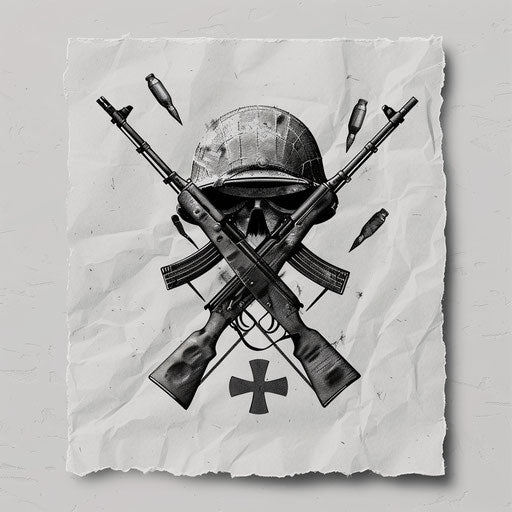 Illustration of crossed rifles with a military helmet on a white paper sheet