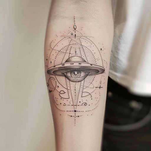 Surrealistic UFO tattoo creatively blending surreal art with flying saucer theme