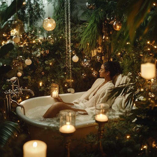 Relaxing in a candlelit bath surrounded by rich greenery and festive decorations