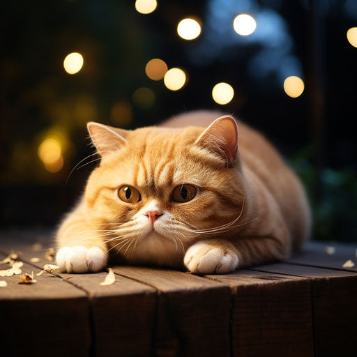 Exotic shorthair cat lying outside at night