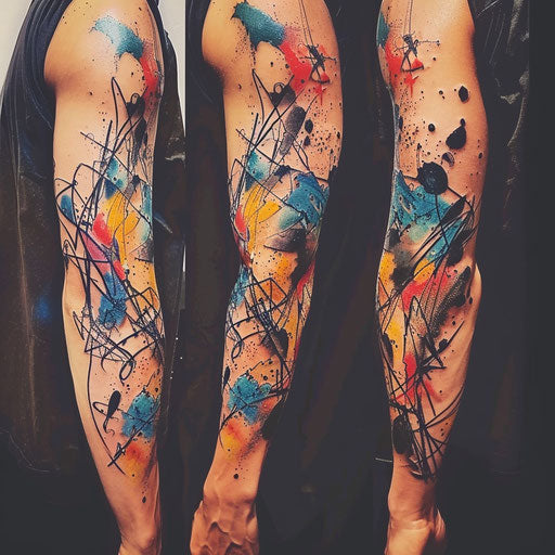 Tattoo sketch of abstract shapes and watercolor splashes, full sleeve for men