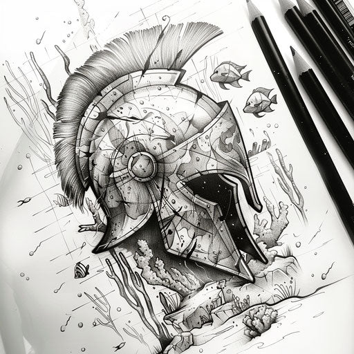 Sketch of underwater-themed spartan helmet tattoo with marine life and coral reefs