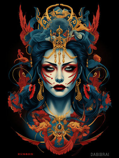 Queen tattoo design, Greek symbol lettering, bold colorful portrait