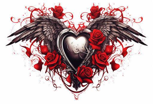 Heart wing tattoo with rose, detailed style, engraved ornaments
