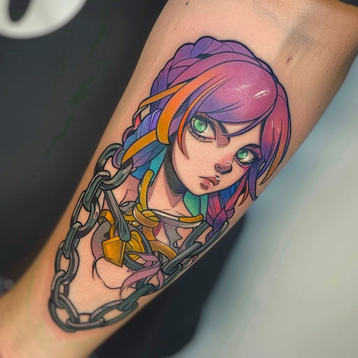 Anime style chain tattoo with bold lines and colorful shading, presented on a white background.