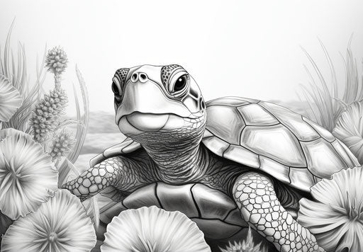 Black and white coloring page of a baby turtle