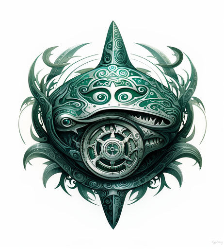 Spiral shark tattoo with symbol, Maori art style