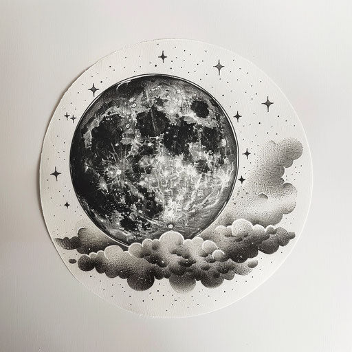 Drawing of a gothic style tattoo of a dark moon among a cloud of stars, showcased on a white canvas