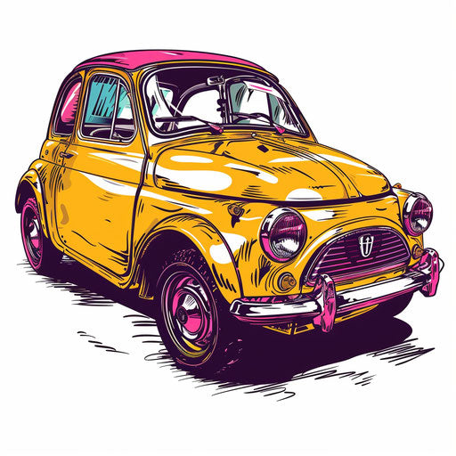 Tattoo illustration of a Fiat 500, classic Italian car, in a pop art style on white background