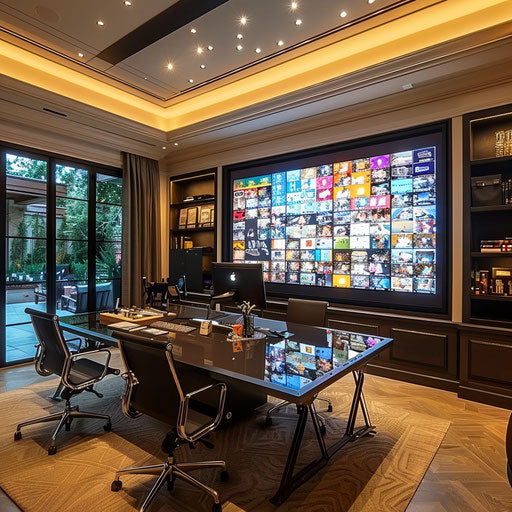 Home office with interactive touchscreen wall for project work