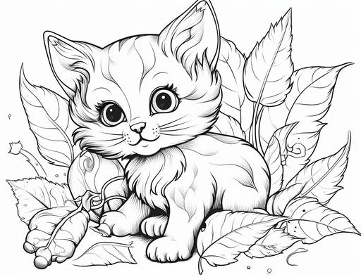 Cat eating leaves with leaves coloring page, in the style of konica auto s3, captivating, felt creations, fawncore, playful animation, skillful 31:24