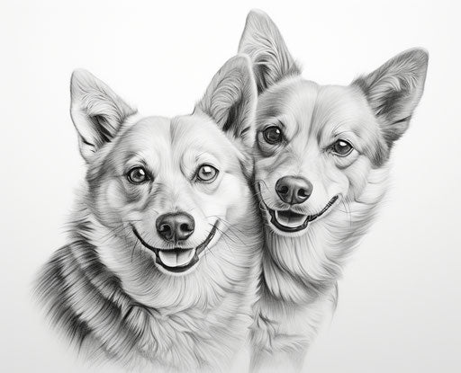 Drawing of dogs on white background, realistic style, captivating