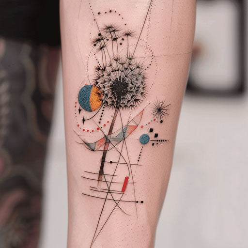 Art deco dandelion tattoo with geometric shapes and metallic colors