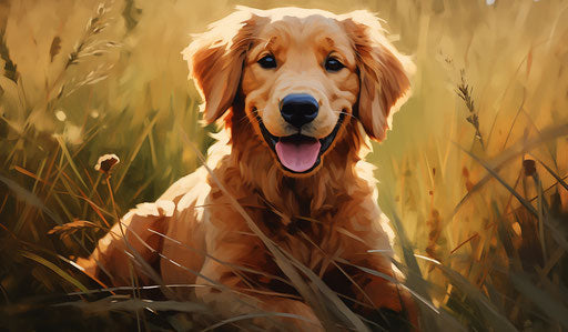 Golden retriever puppy sitting in the grass, dark orange and light gold style