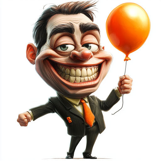 Humorous caricature of a leadership cartoon with human features, exaggerated grin teeth, big hands holding a balloon, vibrant colors, cartoon style, winking, high-resolution, isolated -c 40
