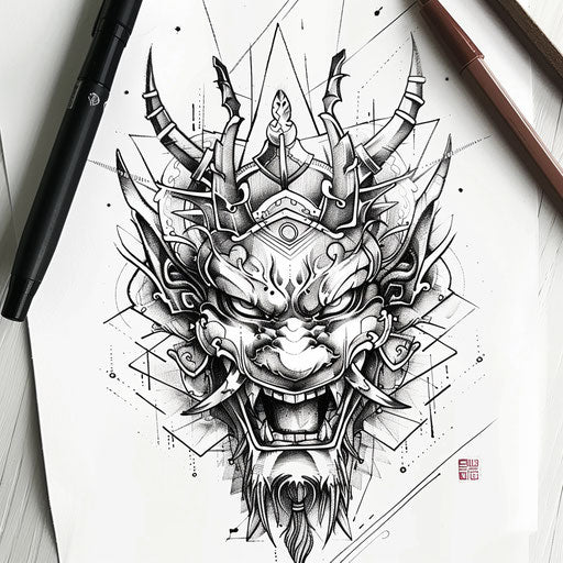 Contemporary Japanese demon with geometric patterns