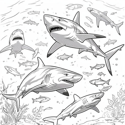 Group of sharks swimming together, coloring book page