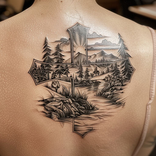 Strength cross tattoo with serene landscape