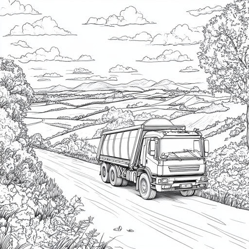 Garbage truck in picturesque countryside, Stephen Wiltshire style, coloring