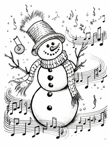 Snowman and music notes with coloring page, washed-out playful style