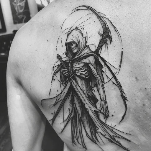 Blackwork reaper tattoo with intense shading and innovative designs