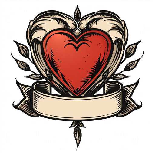 Flat clipart style tattoo sketch featuring traditional heart and classic red banner