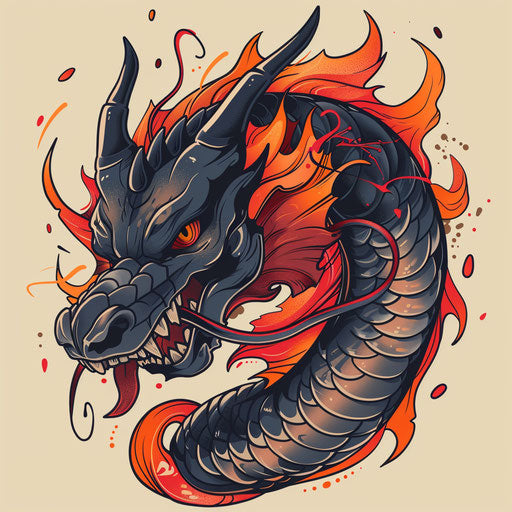 Modern tattoo sketch of a venom dragon, flat style with fiery reds and oranges