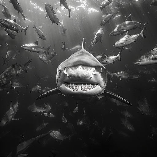 Bull shark with a school of fish in the background