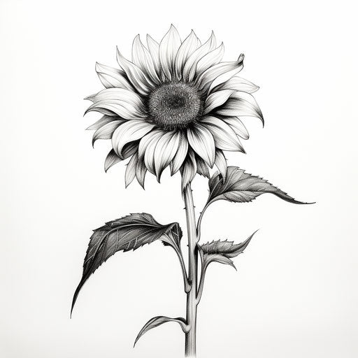 Stylized drawing of a sunflower on black and white background