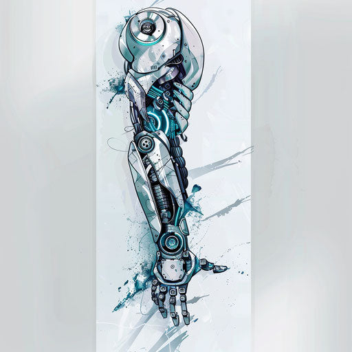 Futuristic single needle tattoo sketch of a robotic arm