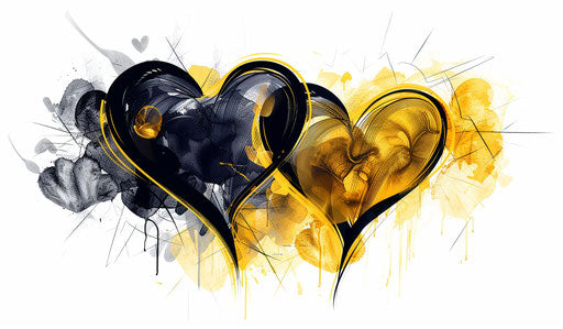 Black and transparent hearts, dark navy and yellow style, playful forms