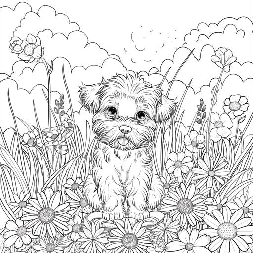Cute puppy in a field of flowers