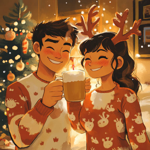 Young couple in their first apartment, toasting with mugs of eggnog in reindeer pajamas, a small tree blinking behind them.