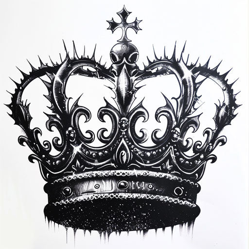 Intricate king crown tattoo in black ink on pure white