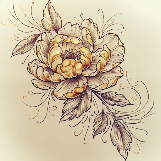 Beautiful flat tattoo sketch of a peony in gold ink