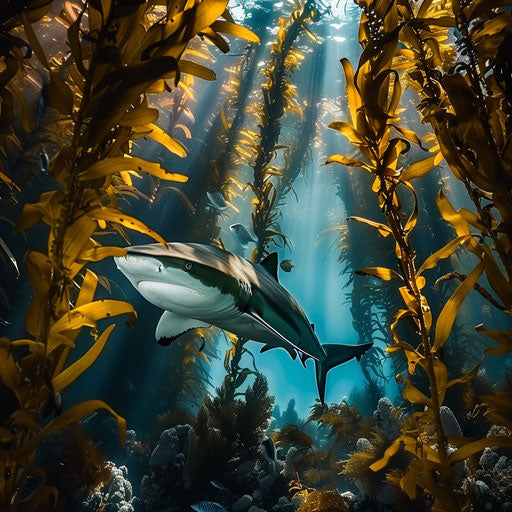Tiger shark among the shadows of a kelp forest