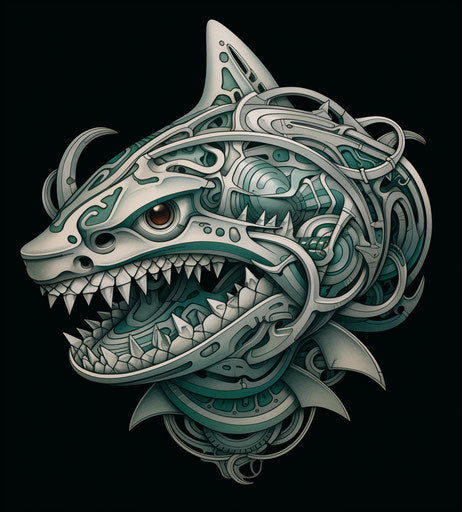 Shark spiral tattoo with symbol, Maori art style, ceiling designs, art deco sensibilities, pencil steampunk, handmade designs, light silver and dark emerald, masks and totems