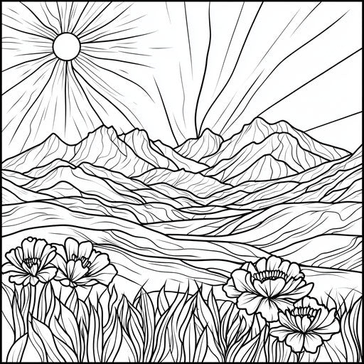 Sunrise over mountains in coloring book style