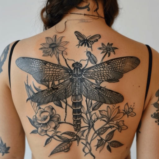 Detailed insect and exotic plant back tattoos for women