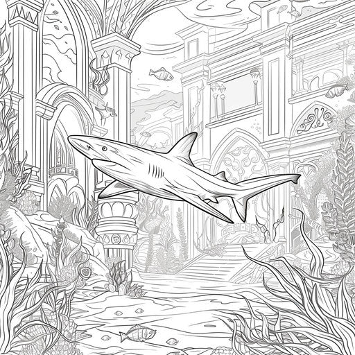 A majestic shark swimming in an underwater palace