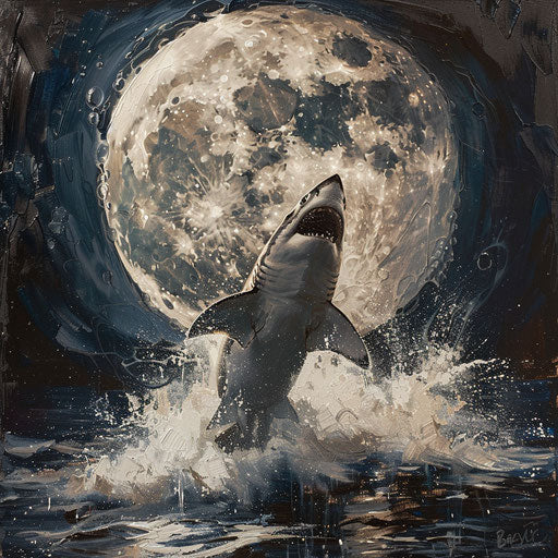 Tiger shark leaping out of water under a full moon