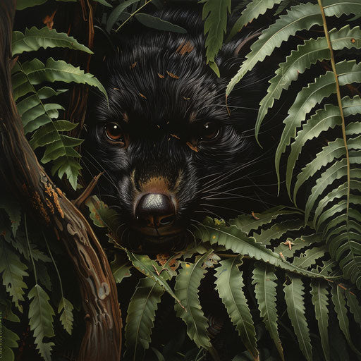 The intense gaze of a Tasmanian devil camouflaged in ferns