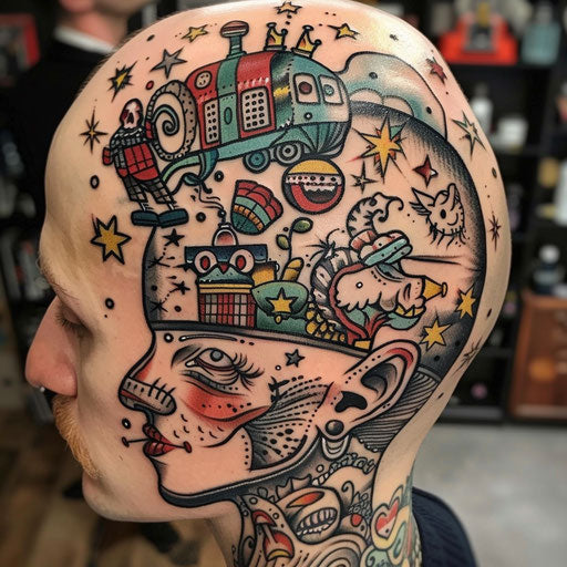 Head tattoos with whimsical themes