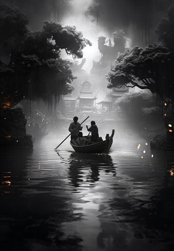 Black and white photo of people and pandas in a boat