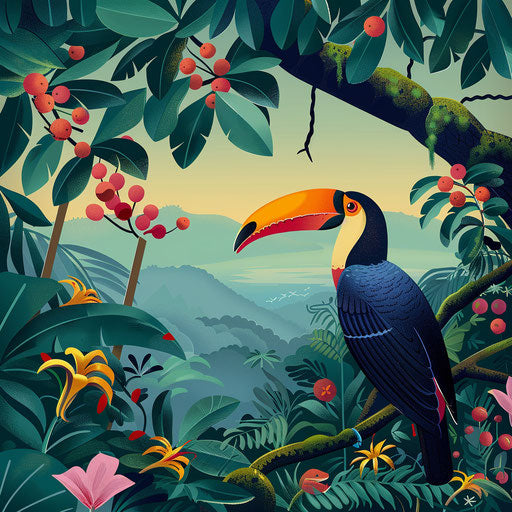 Toucan feeding in a tranquil clearing