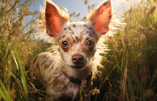 Small dog in grass, blend of Mexican and American cultures